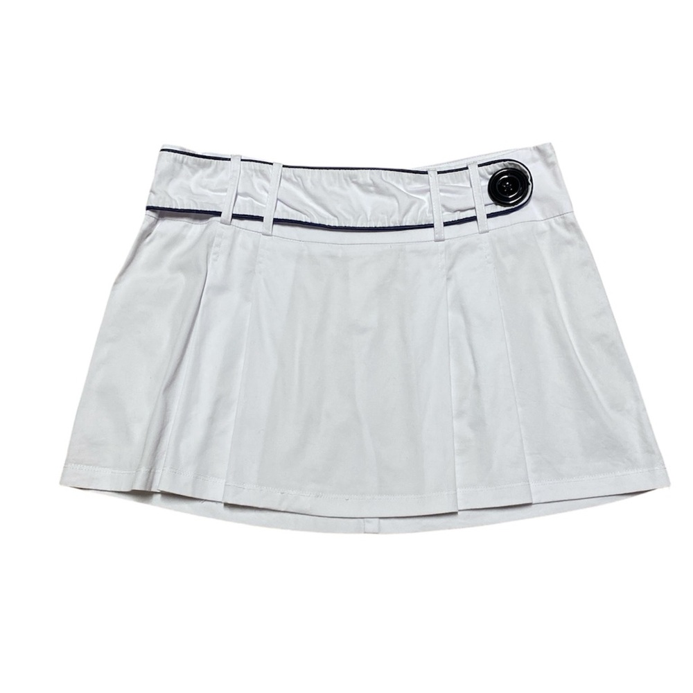Y2K Lola Micro Mini Skirt Women’s M White Navy Blue Faux Button Pleated Low Rise